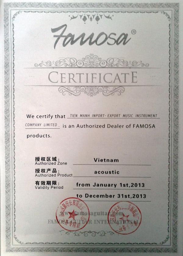 Chứng nhận Đại lý độc quyền của Famosa Guitar tại Việt Nam