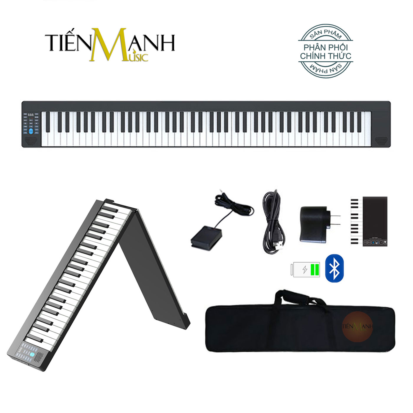 Đàn Piano Điện Gấp Gọn 88 Phím Cảm Ứng Lực Konix PJ88B (Pin sạc, Bluetooth Audio và KeyBoard, Pedal sustain, Bao đựng)