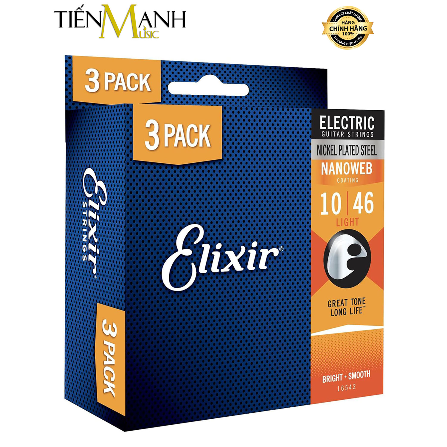 Pack 3 Bộ Dây Đàn Guitar Điện Elixir 16542 Phủ Lớp Nanoweb Cỡ 10