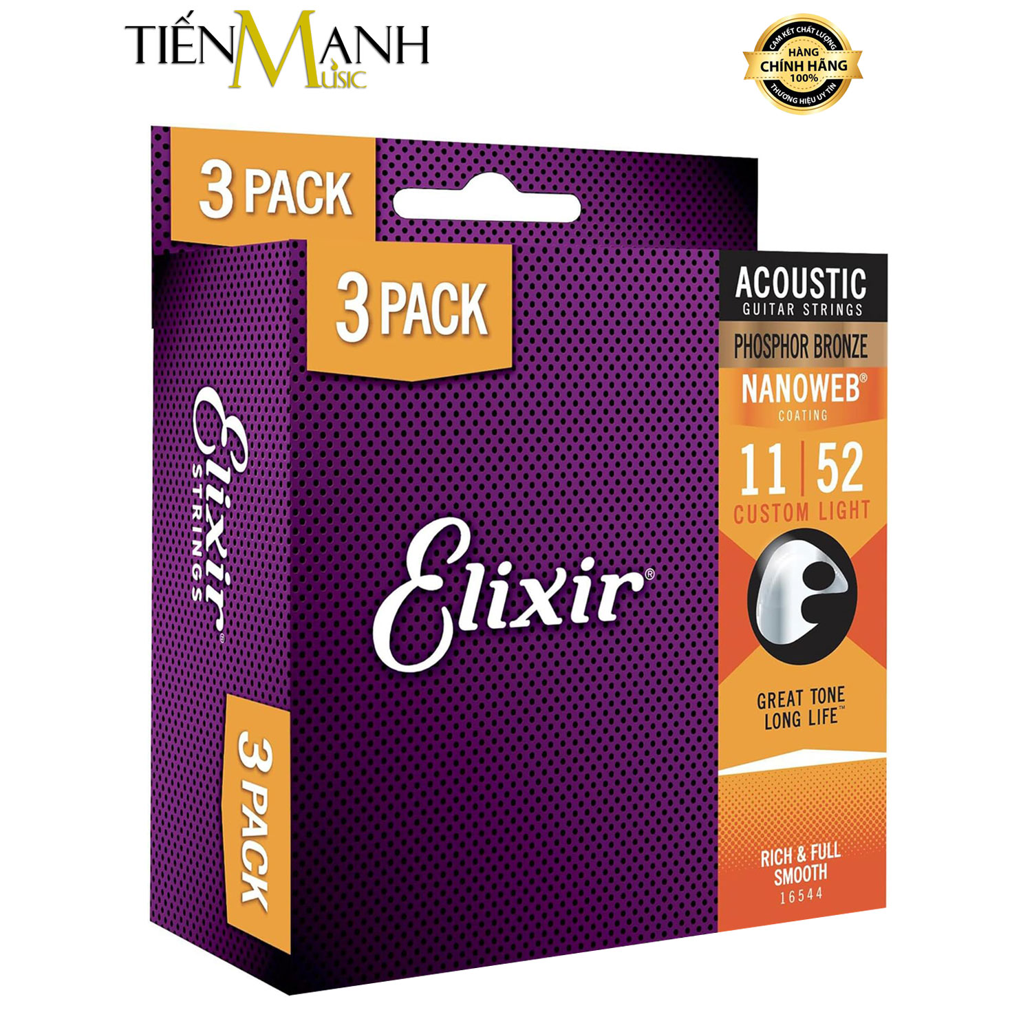 Pack 3 Bộ Dây Đàn Guitar Acoustic Elixir 16544 Phosphor Bronze Cỡ 11