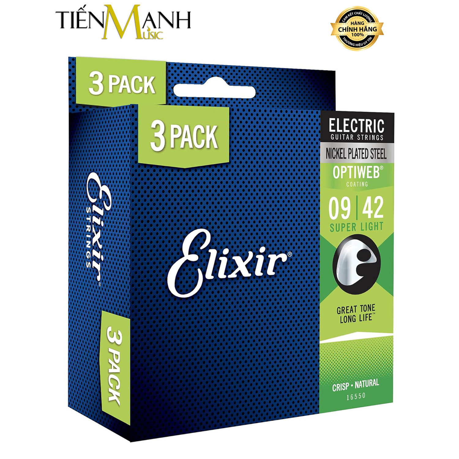 Pack 3 Bộ Dây Đàn Guitar Điện Elixir 16550 Phủ Lớp Optiweb Cỡ 9