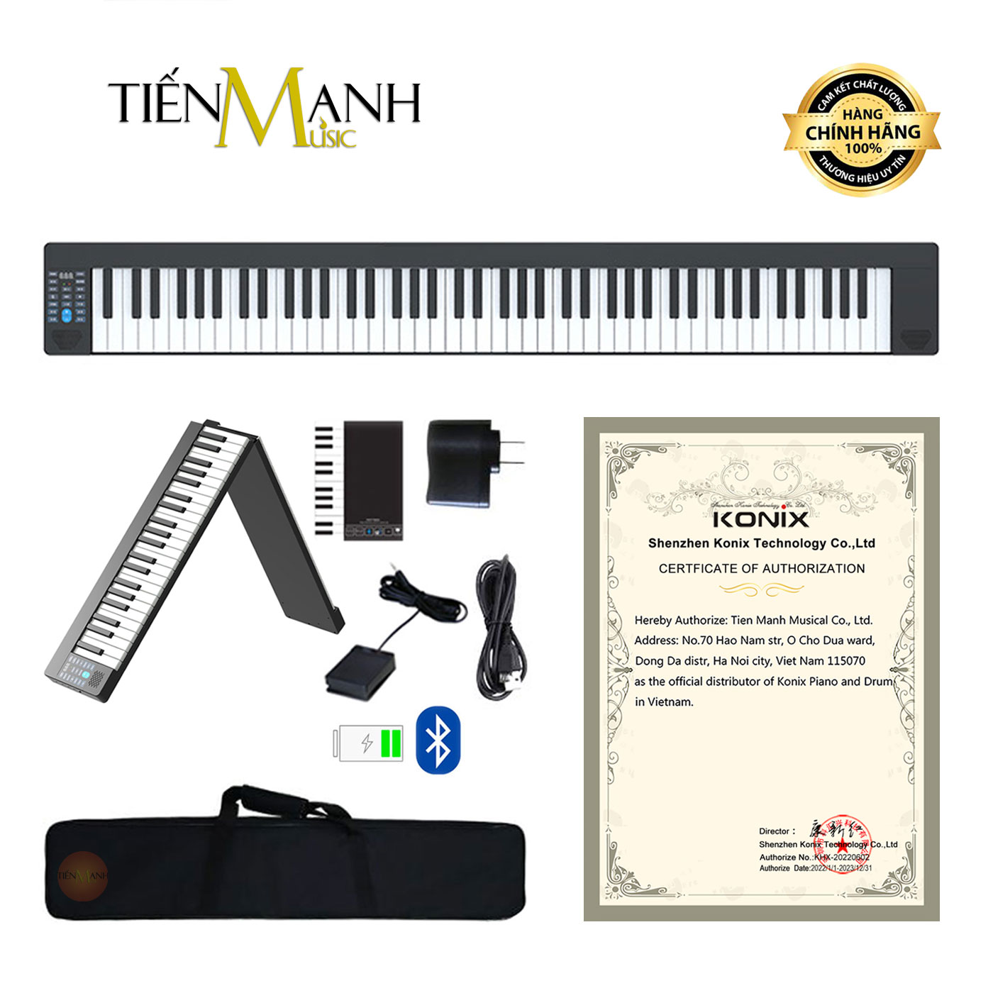 Đàn Piano Điện Gấp Gọn 88 Phím Cảm Ứng Lực Konix PJ88B (Pin sạc, Bluetooth Audio và KeyBoard, Pedal sustain, Bao đựng)