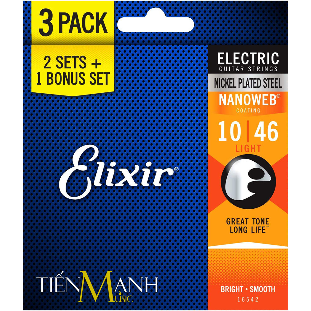 Pack 3 bộ Dây Đàn Guitar Electric Elixir 16542 (Cỡ 10-46 - Phủ lớp Nanoweb cao cấp)