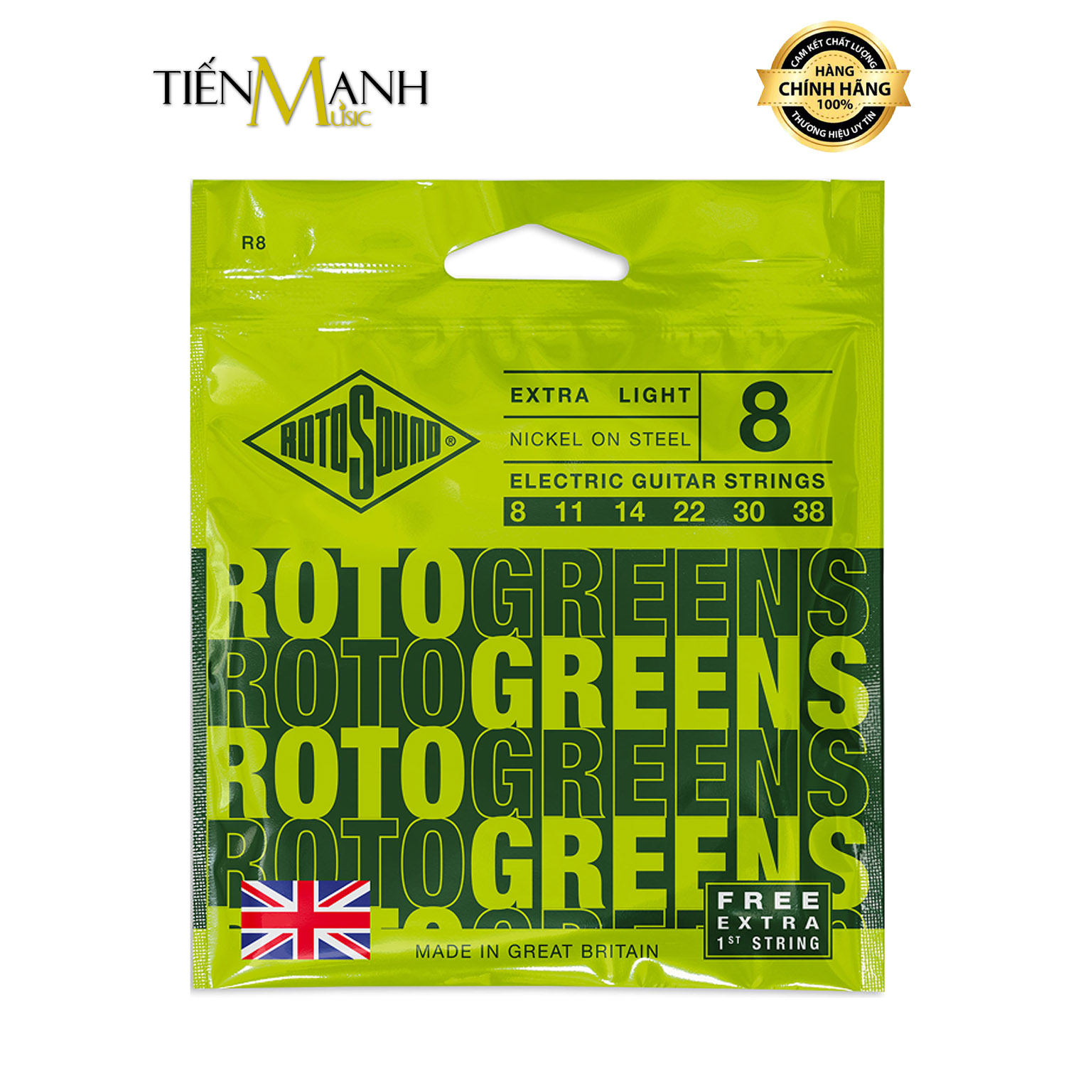 Dây đàn guitar điện Rotosound R8 Roto Green Nickel On Steel Electric Guitar Strings - .008-.038 Extra Light